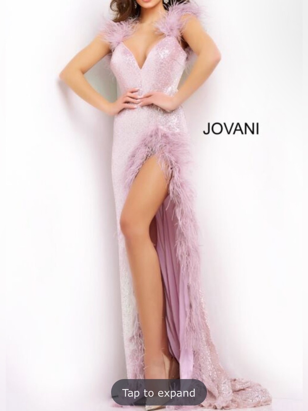 Jovani Lilac Feather-Trim Sequin Evening Gown